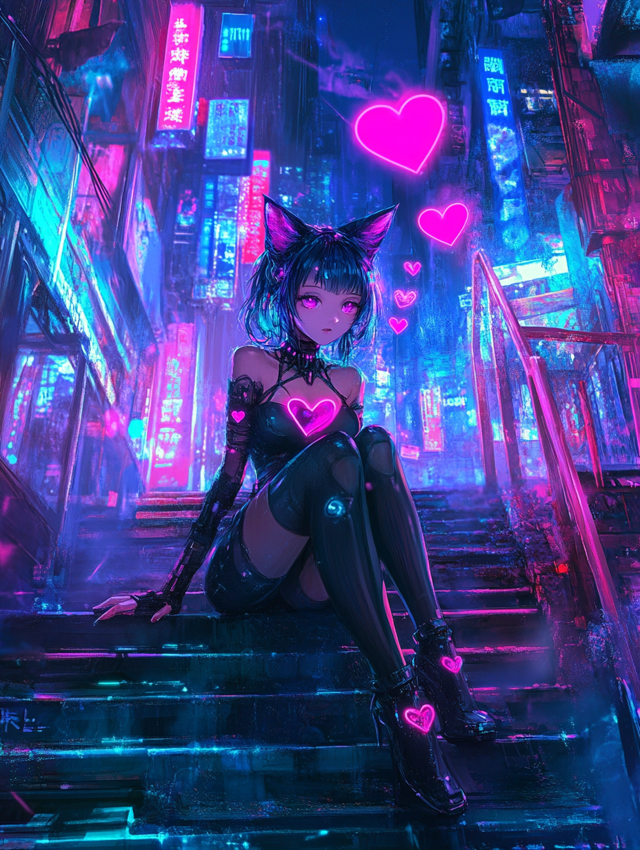 Cat girl in cyberpunk city with heart-shaped neon.