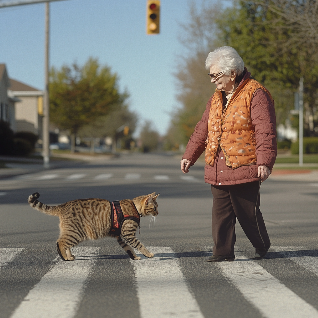 Cat helping elderly lady cross street with care.