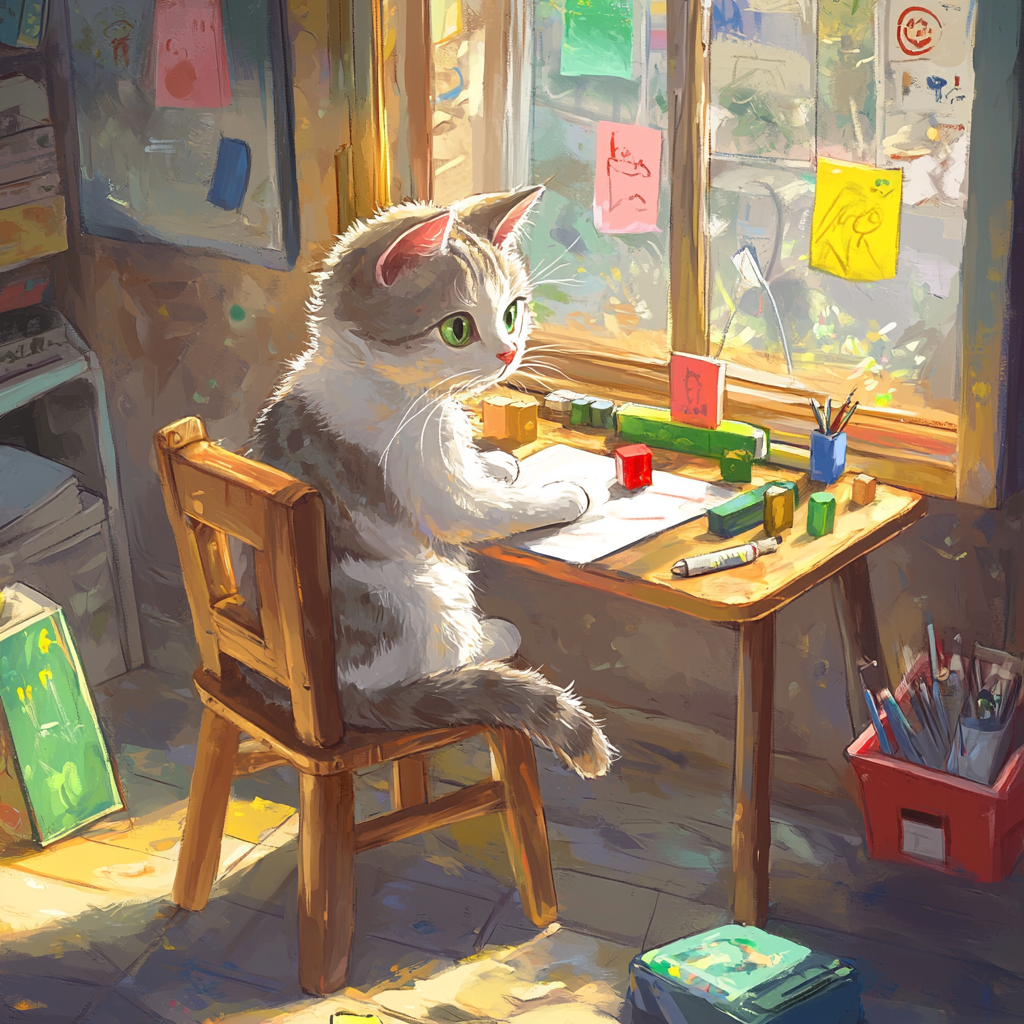 Cat in After-School Club: Drawing or Building Blocks