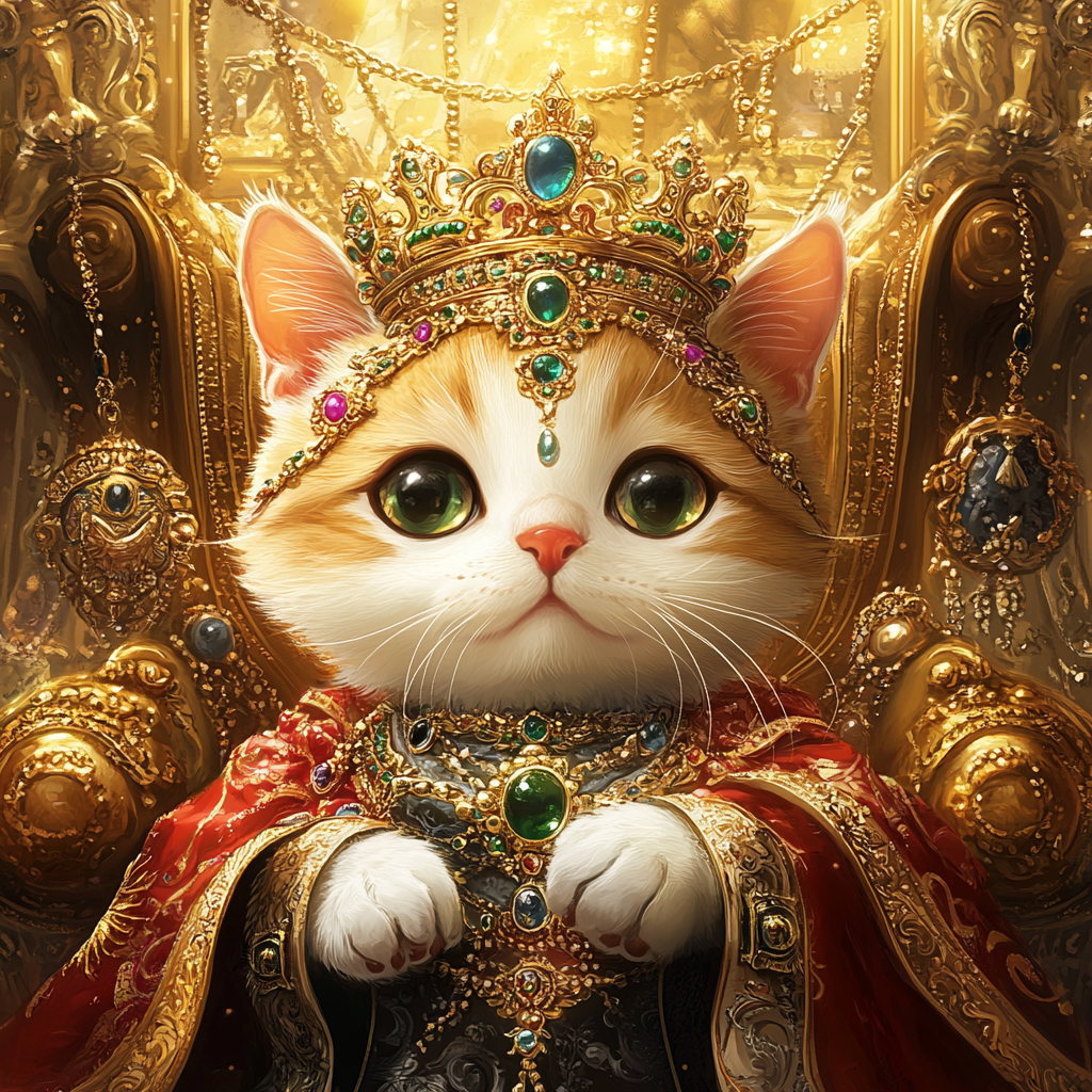 Cat king in luxurious crown, robe, throne room.