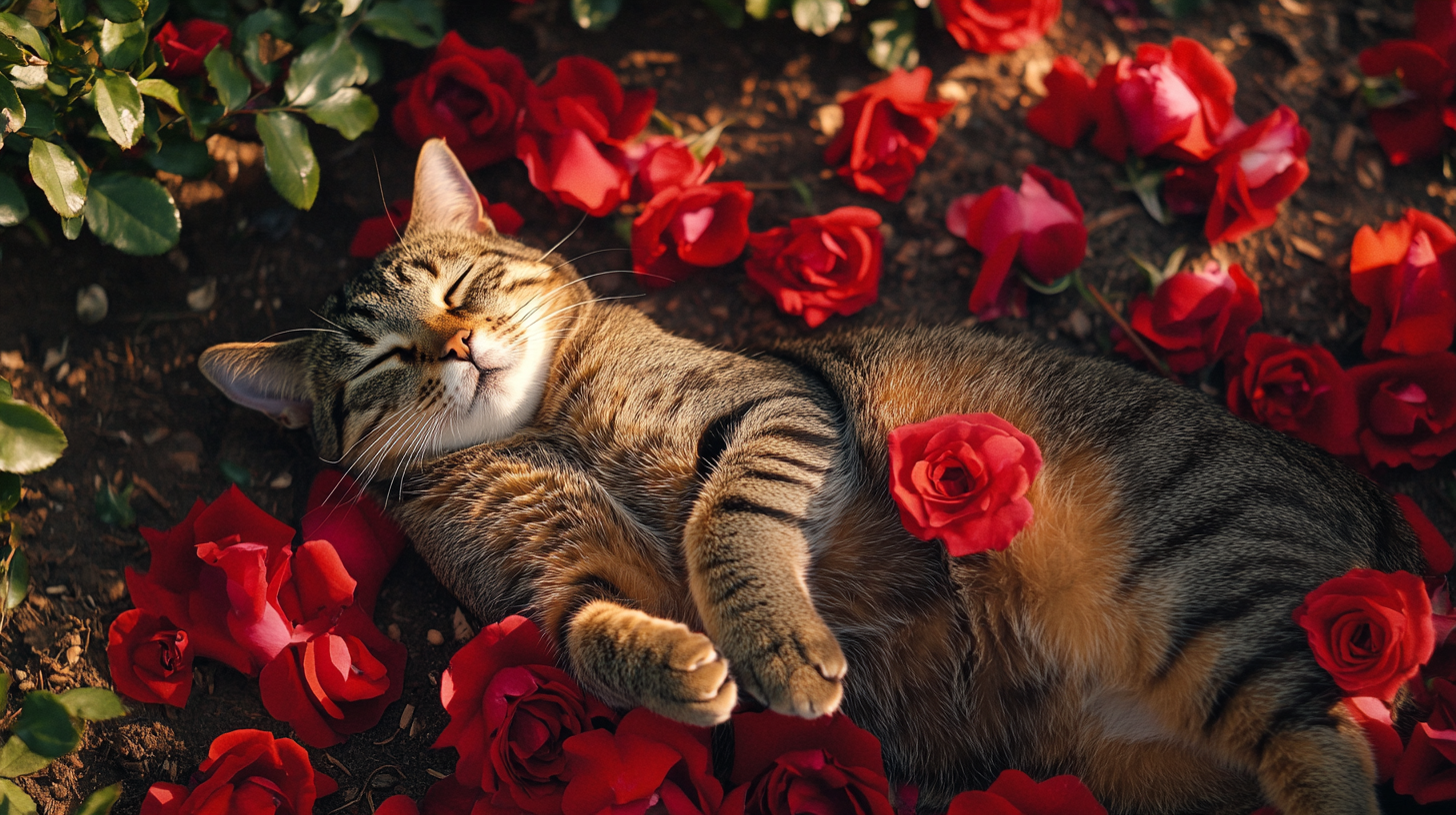 Cat napping on roses in messy garden.