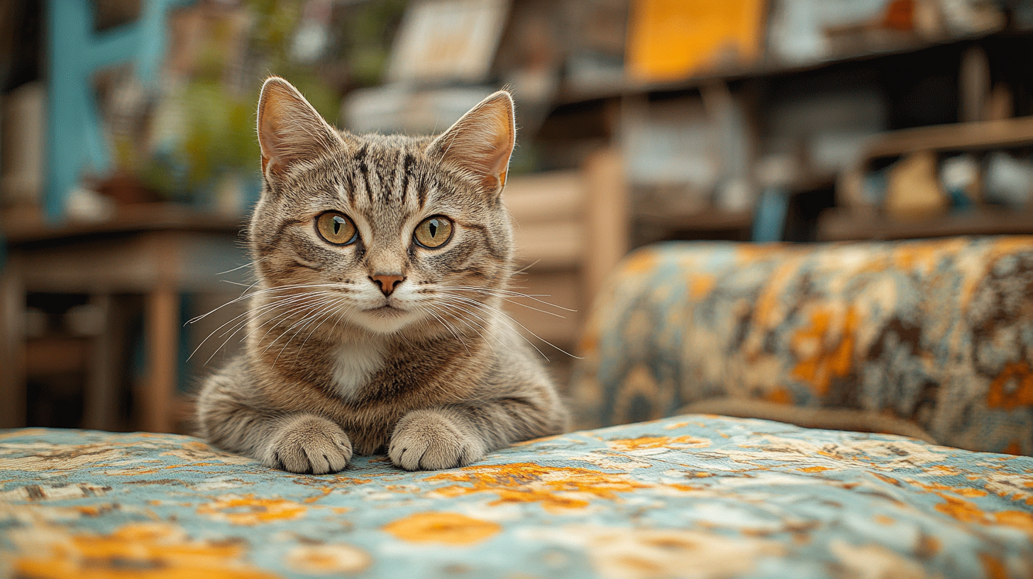 Cat plays with torn fabric as master creates.