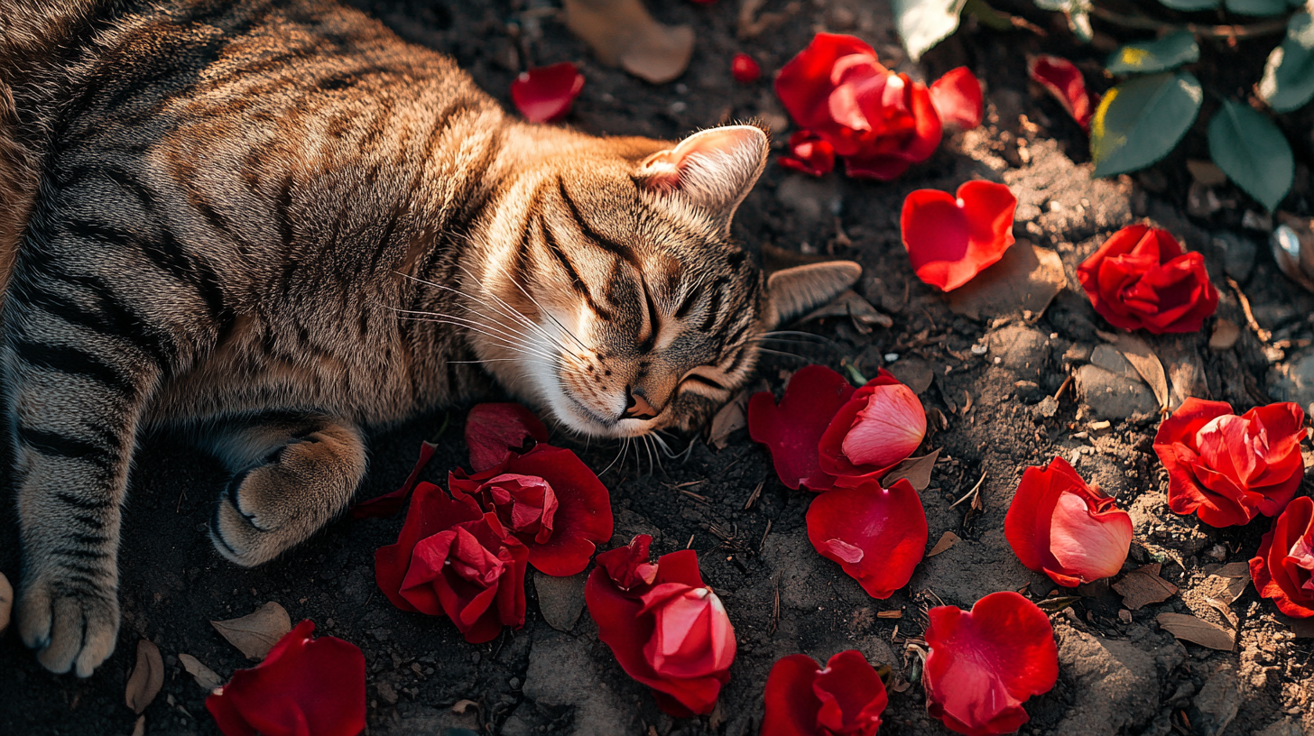 Cat resting on Roses, forming heart. Aerial photo.