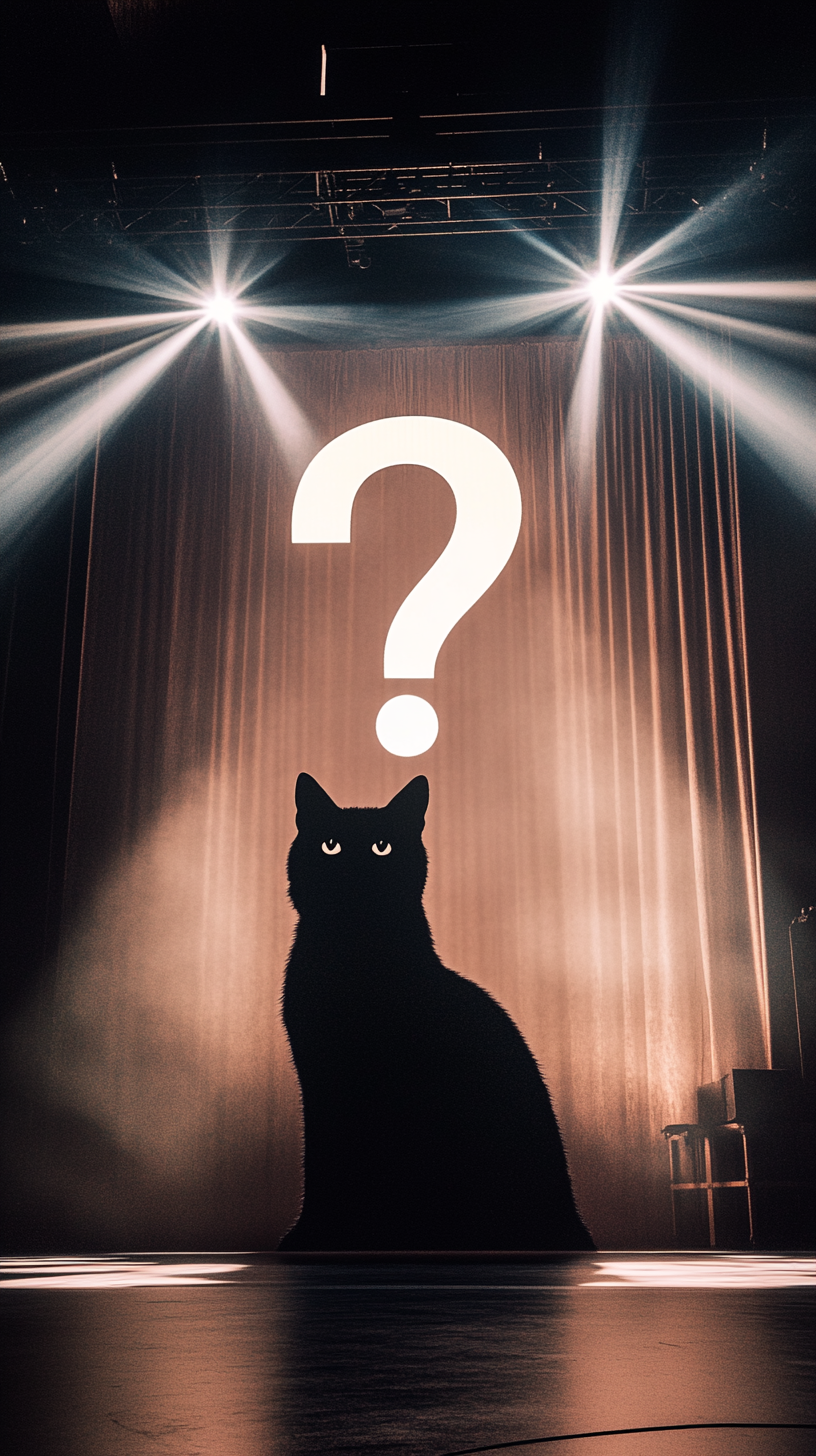 Cat shadow dominates stage with glowing question mark mystery.