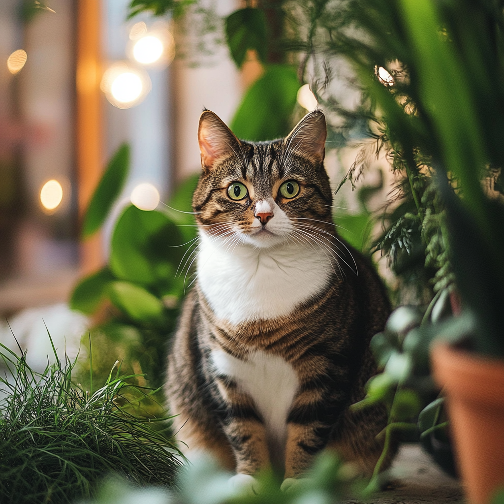 Cat sitting in front of home decor, plants. Portrait photography, soft lighting.