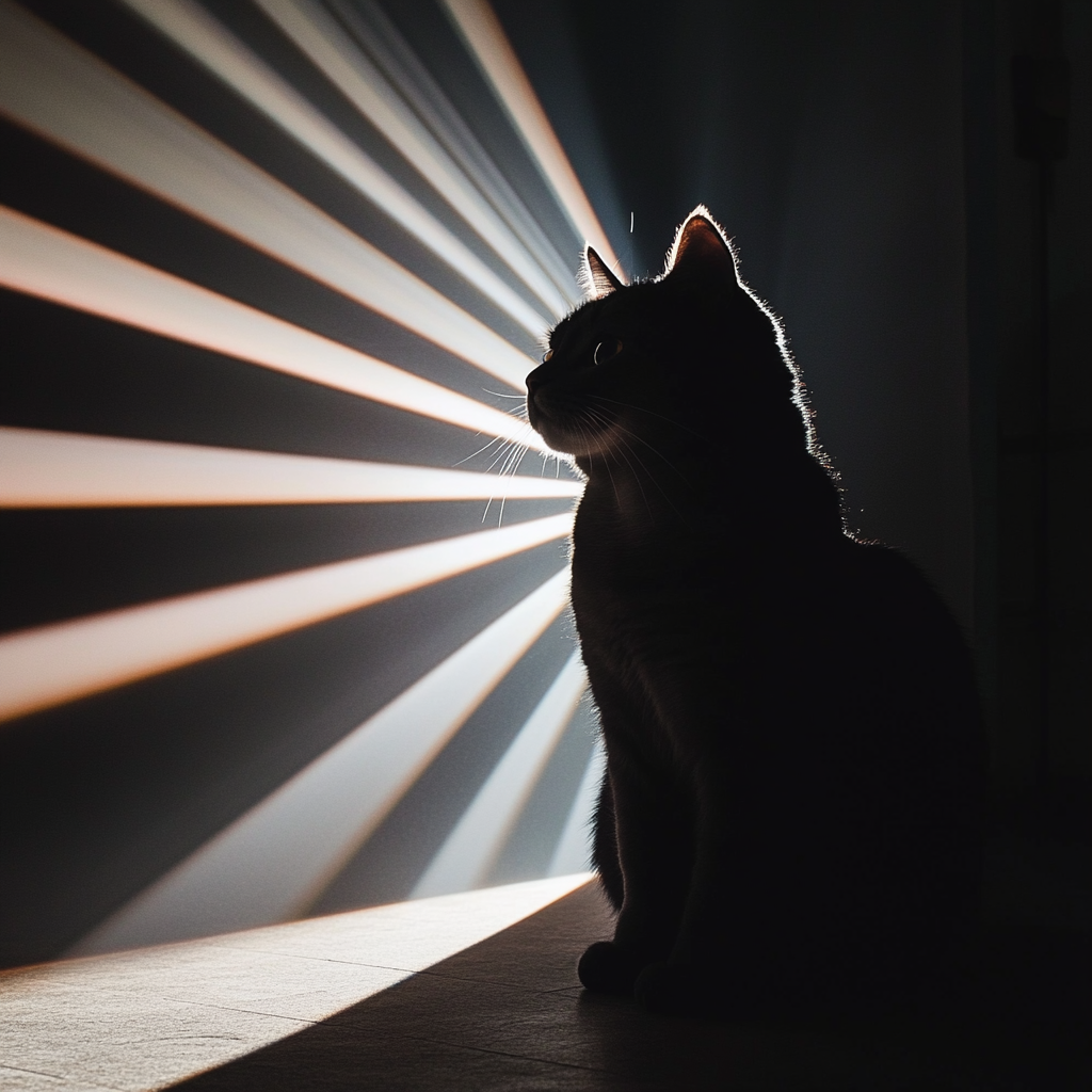 Cat sitting in front of projected light, minimalist logo.