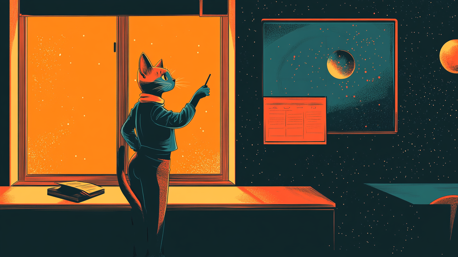 Cat teacher in Moebius style classroom with cosmic view.