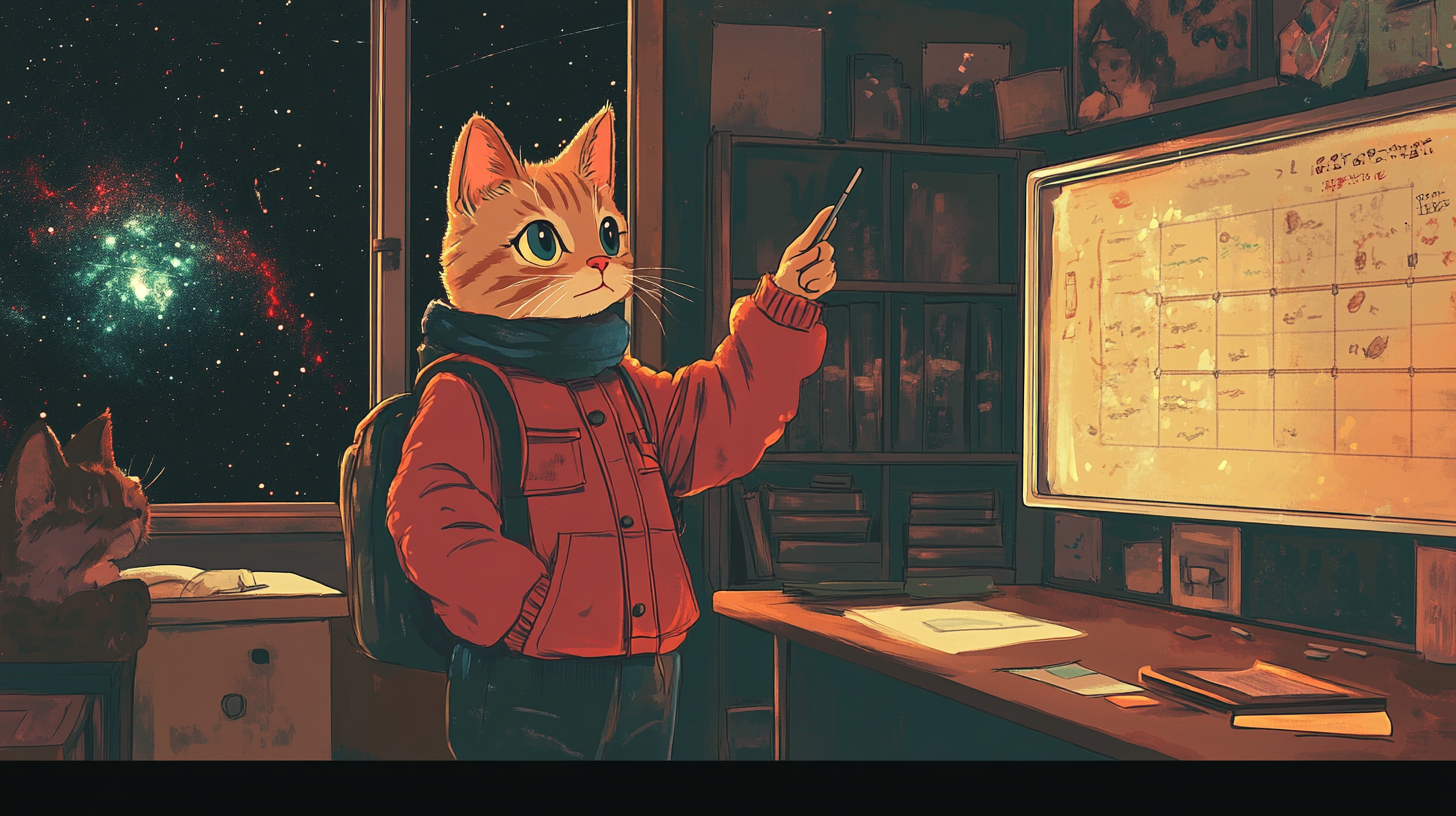 Cat-teacher in classroom with pointer, Moebius style, retro postcard