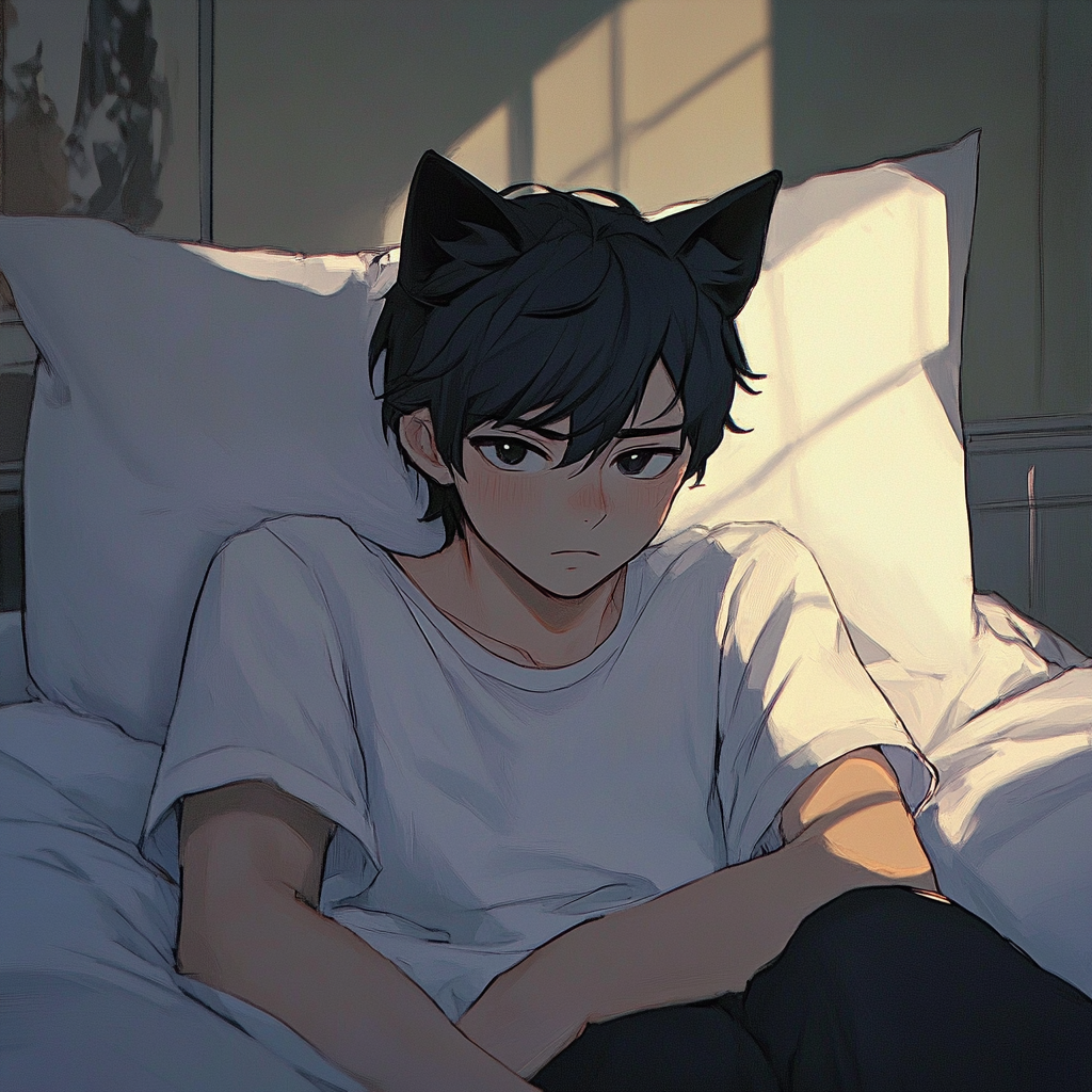 Catboy in oversized shirt cuddling pillow in bedroom.