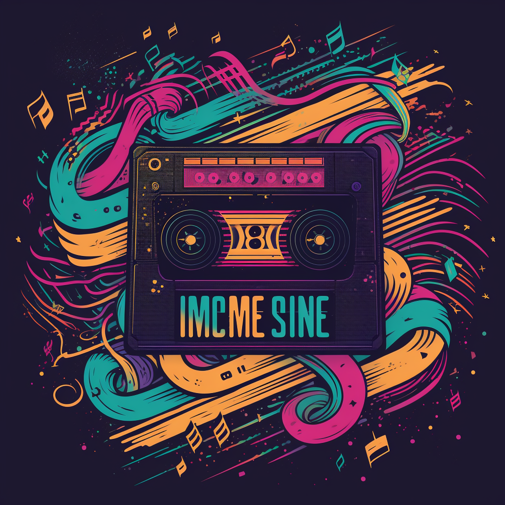 Catchy slogan 'Music is My Time Machine' with retro cassette tape surrounded by colorful soundwaves.