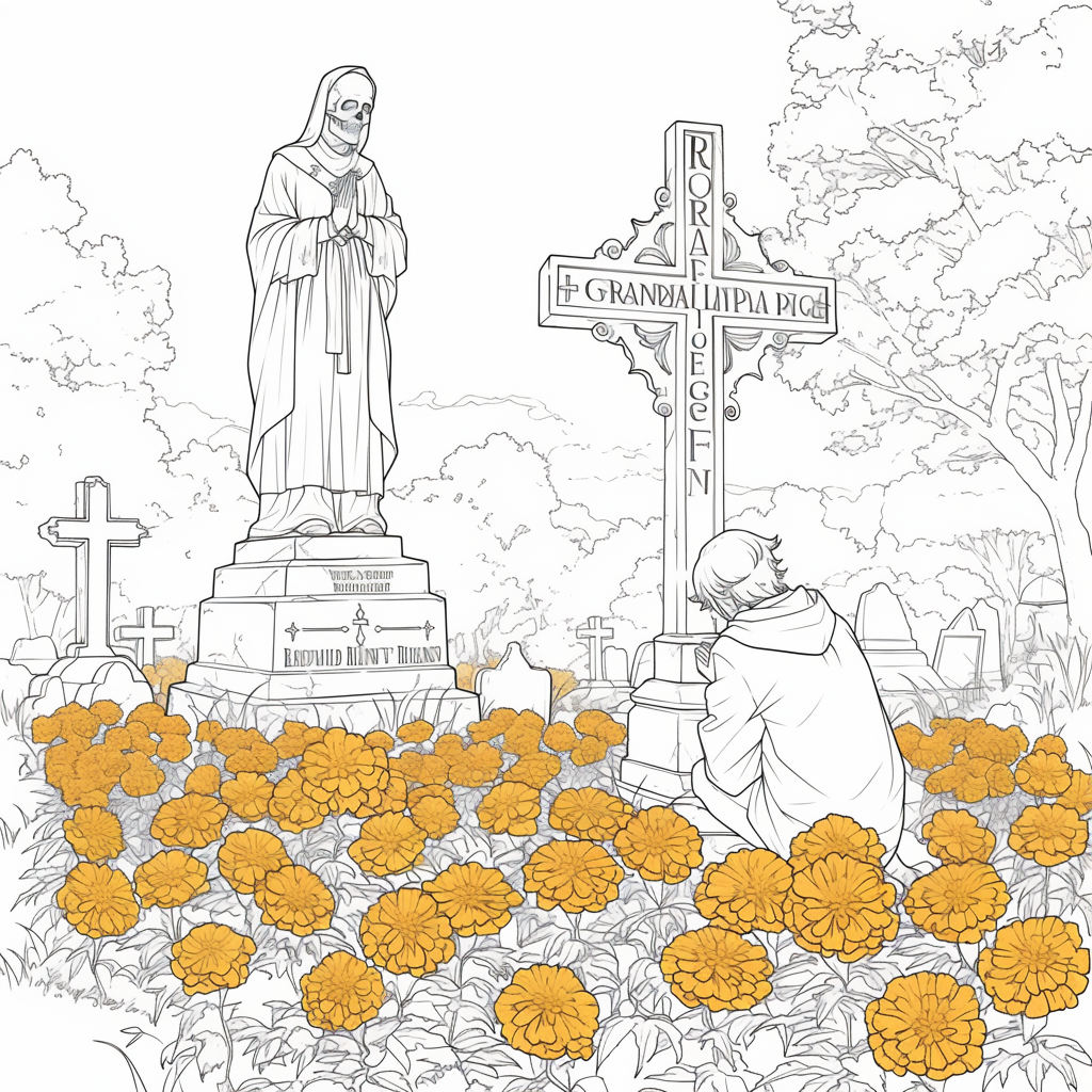 Catholic Prayer in Graveyard: Anime Marigold Flowers