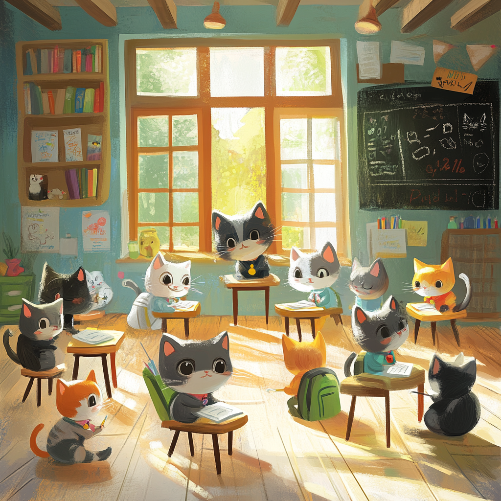 Cats' First Day of School in Colorful Classroom 