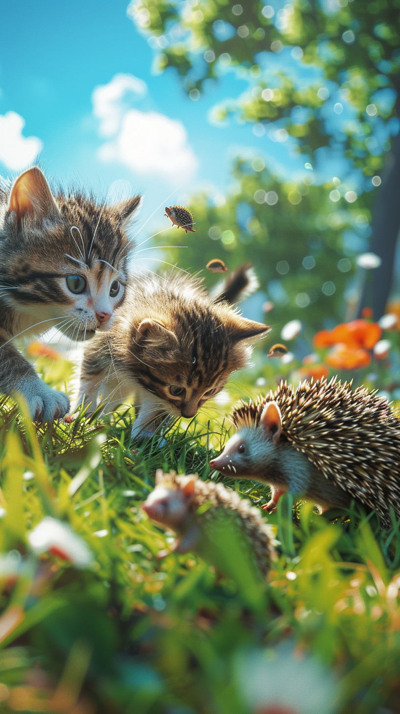 Cats, hedgehogs playing happily under the sun.