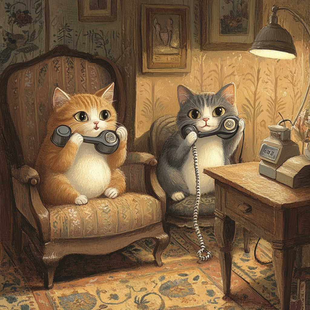 Cats Talking on Vintage Phones in Cozy Spaces