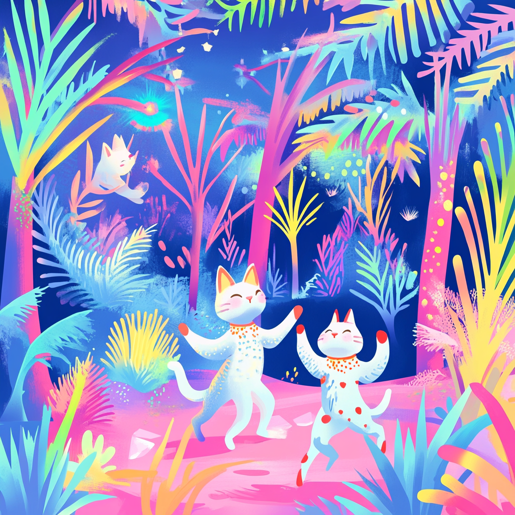 Cats dancing in colorful jungle with funky outfits.