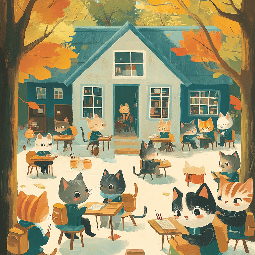 Cats in school with backpacks, pencils, playing outside 