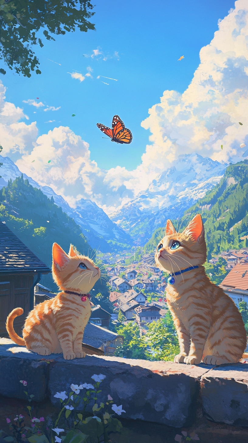 Cats playing in colorful village with butterflies.