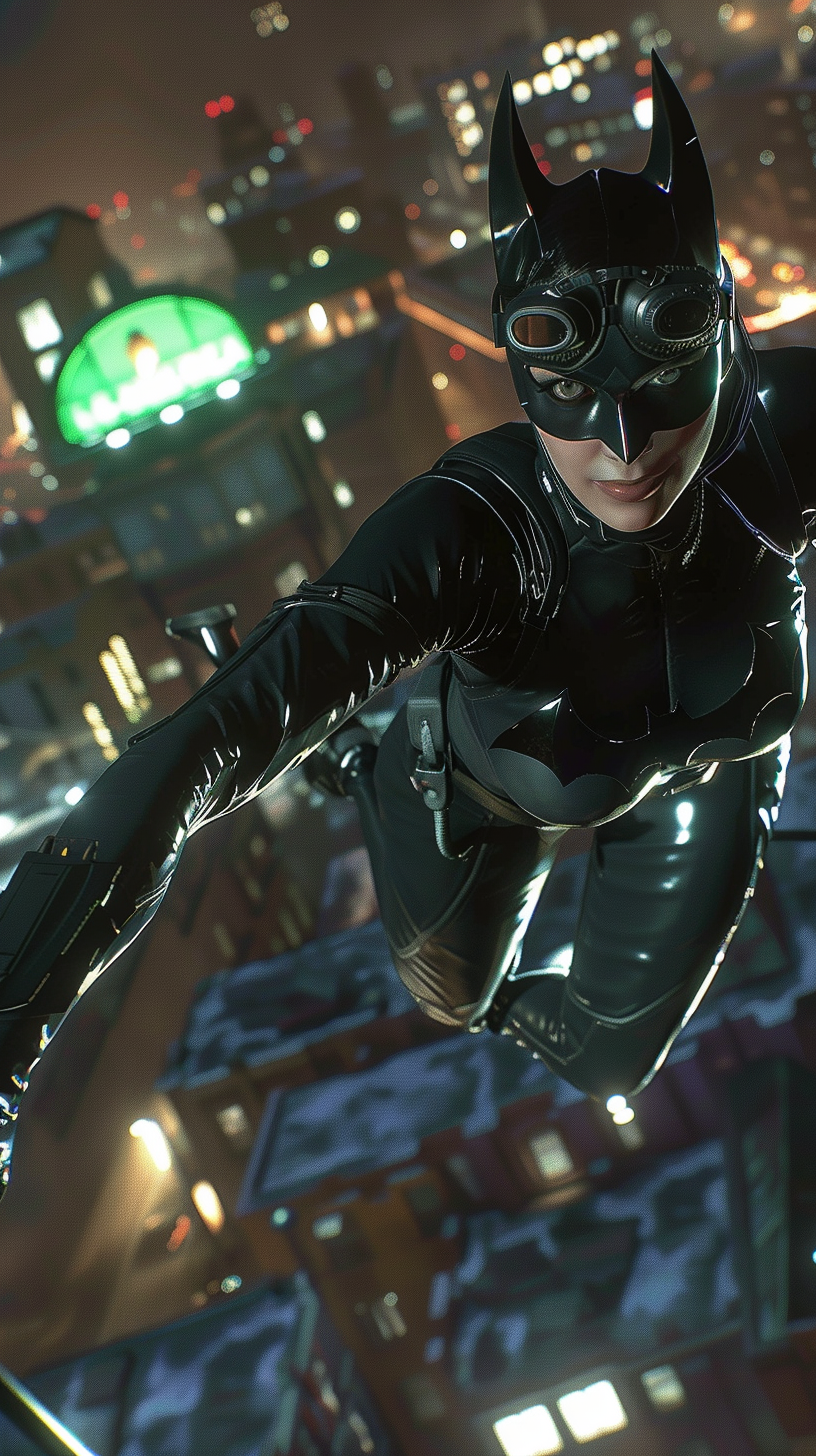 Catwoman leaping across rooftops in Gotham city at night.