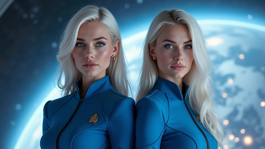 Caucasian Couple Orbiting Earth in Blue Starship Uniforms