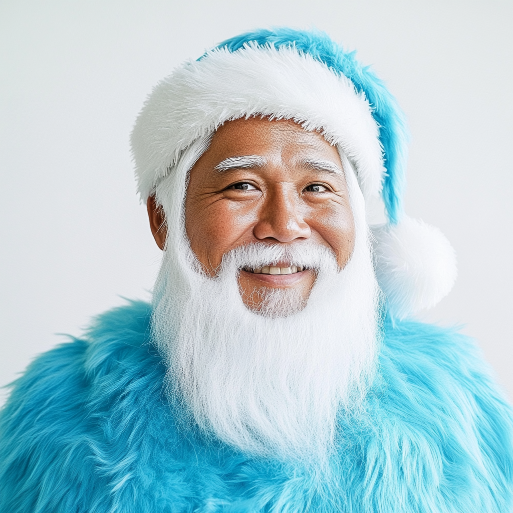 Caucasian Santa in blue costume and white beard