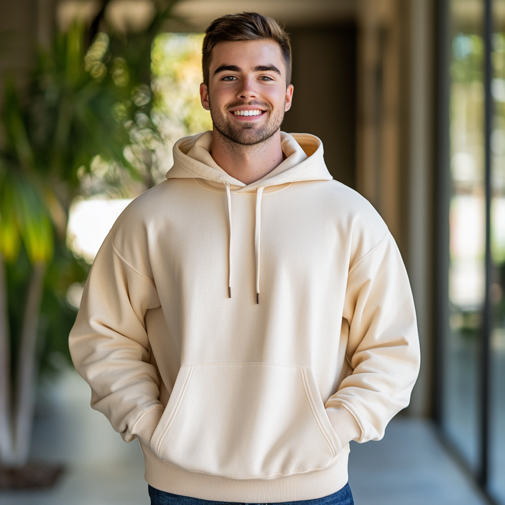 Caucasian male model wearing Gildan 18500 Hoodie indoors.