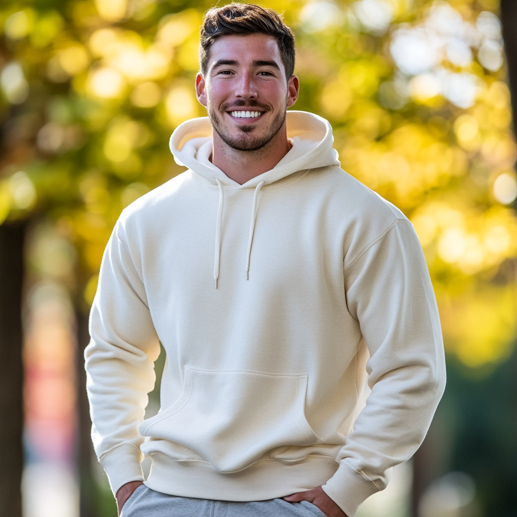 Caucasian male model wearing Gildan 18500 Hoodie outdoors