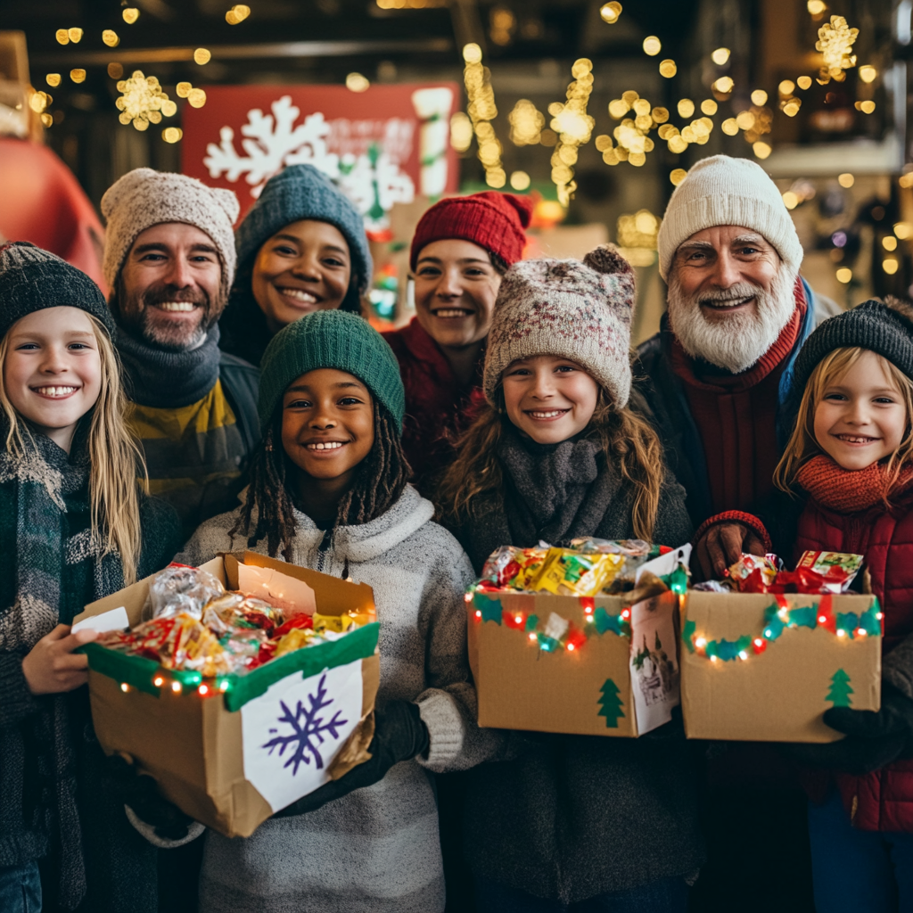 Caucasian volunteers of all ages stand together happily.