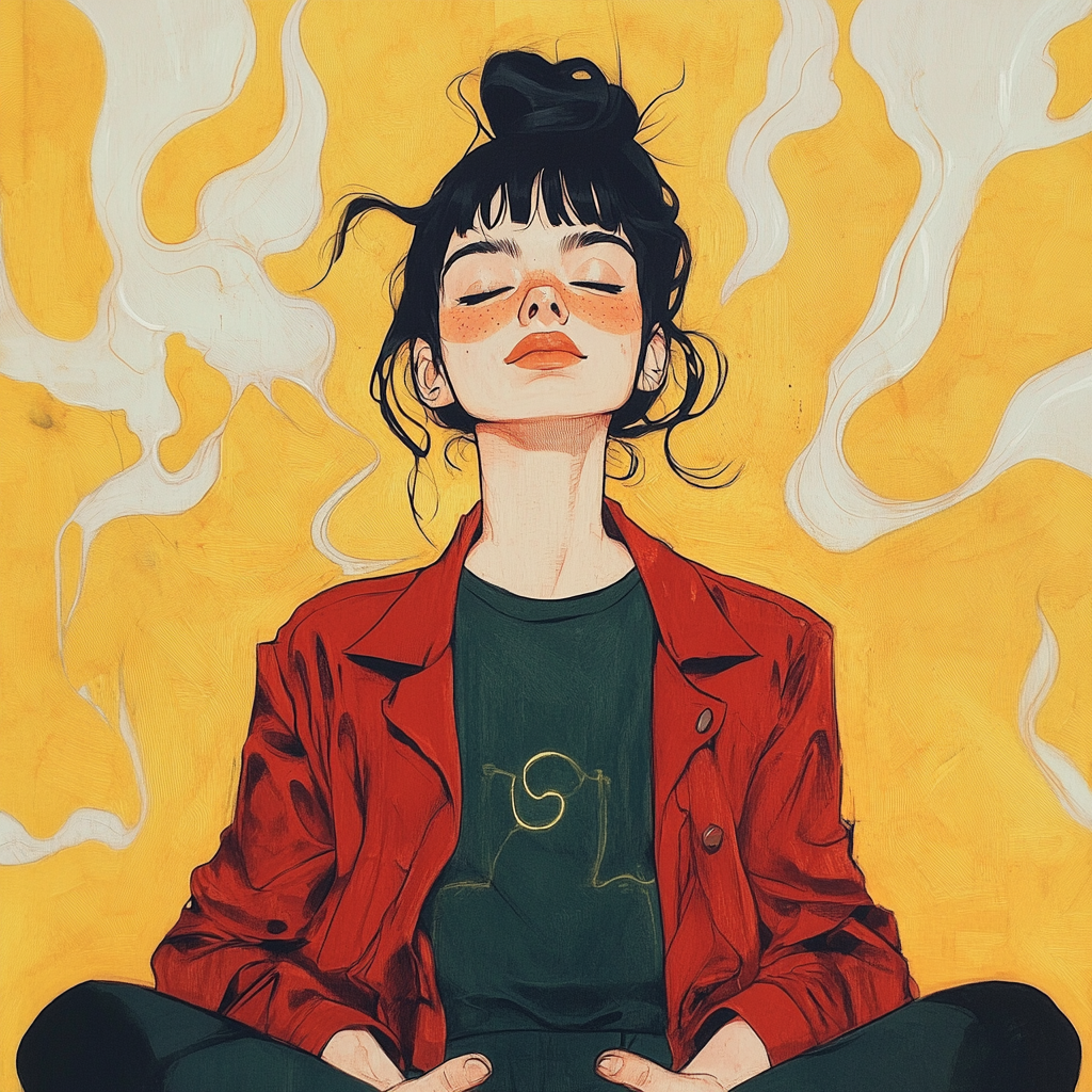 Caucasian woman in red trench coat, green t-shirt. Hero pose, anime style, abstract yellow background shapes.