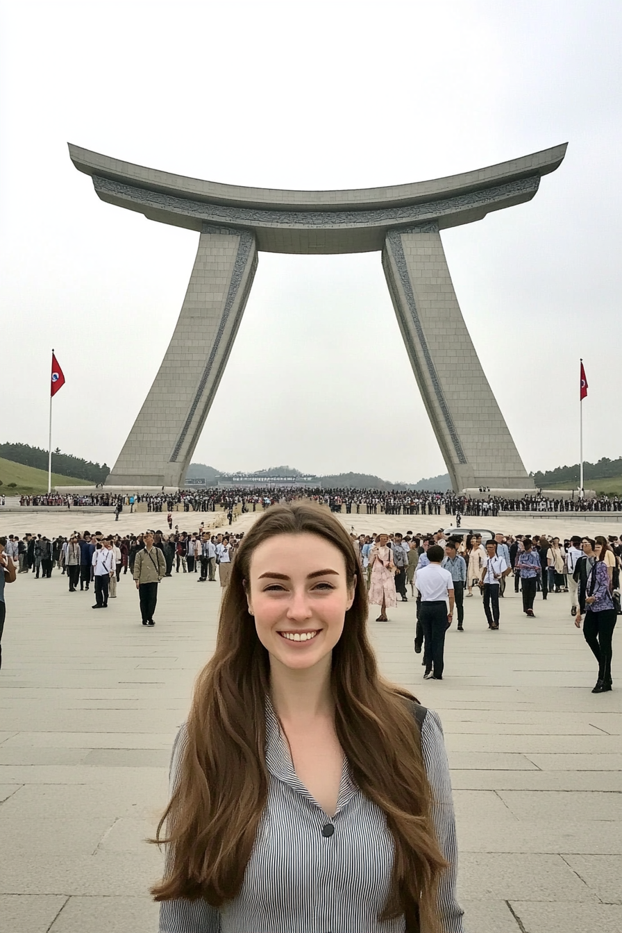 Caucasian woman poses in front of North Korean landmark.