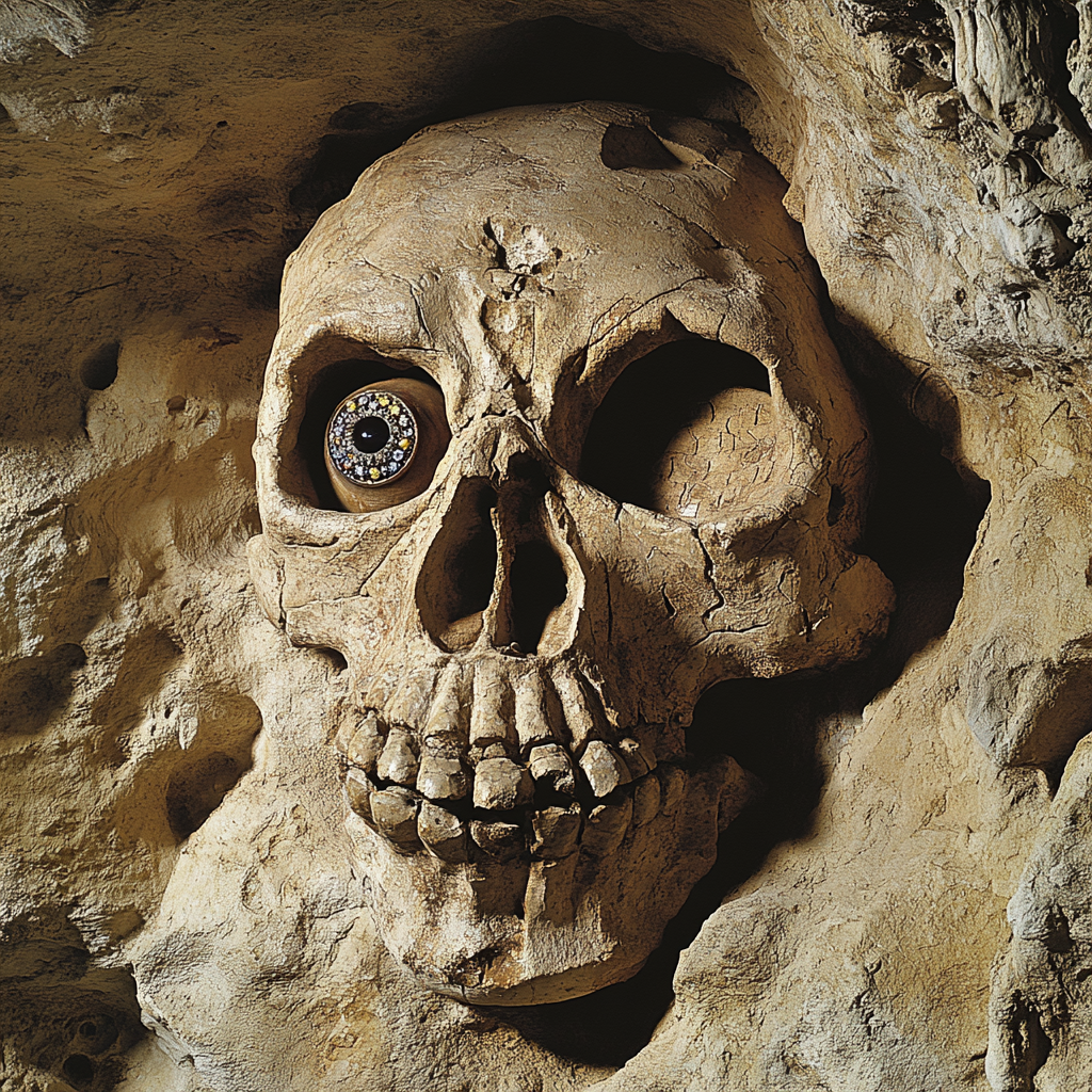 Cave wall carving: Grinning skull with jeweled eyeball.