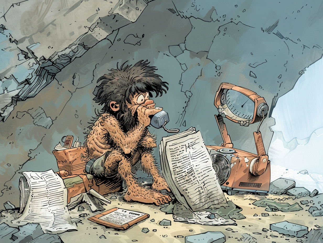 Caveman confused by old objects from time machine.