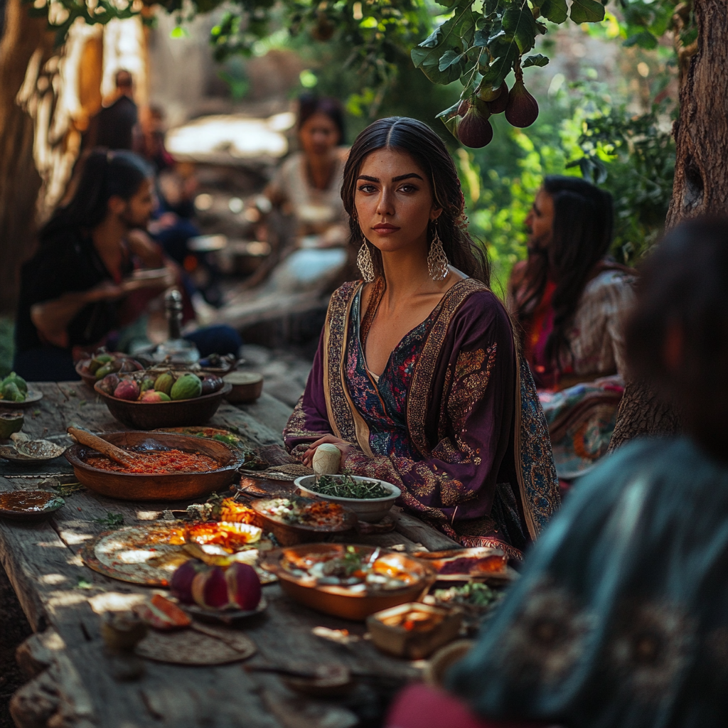 Celebrating with Georgian feast dishes under fig.