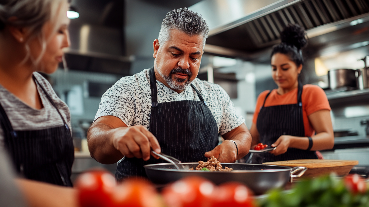 Celebrity chef Guy Fieri cooking in TV kitchen