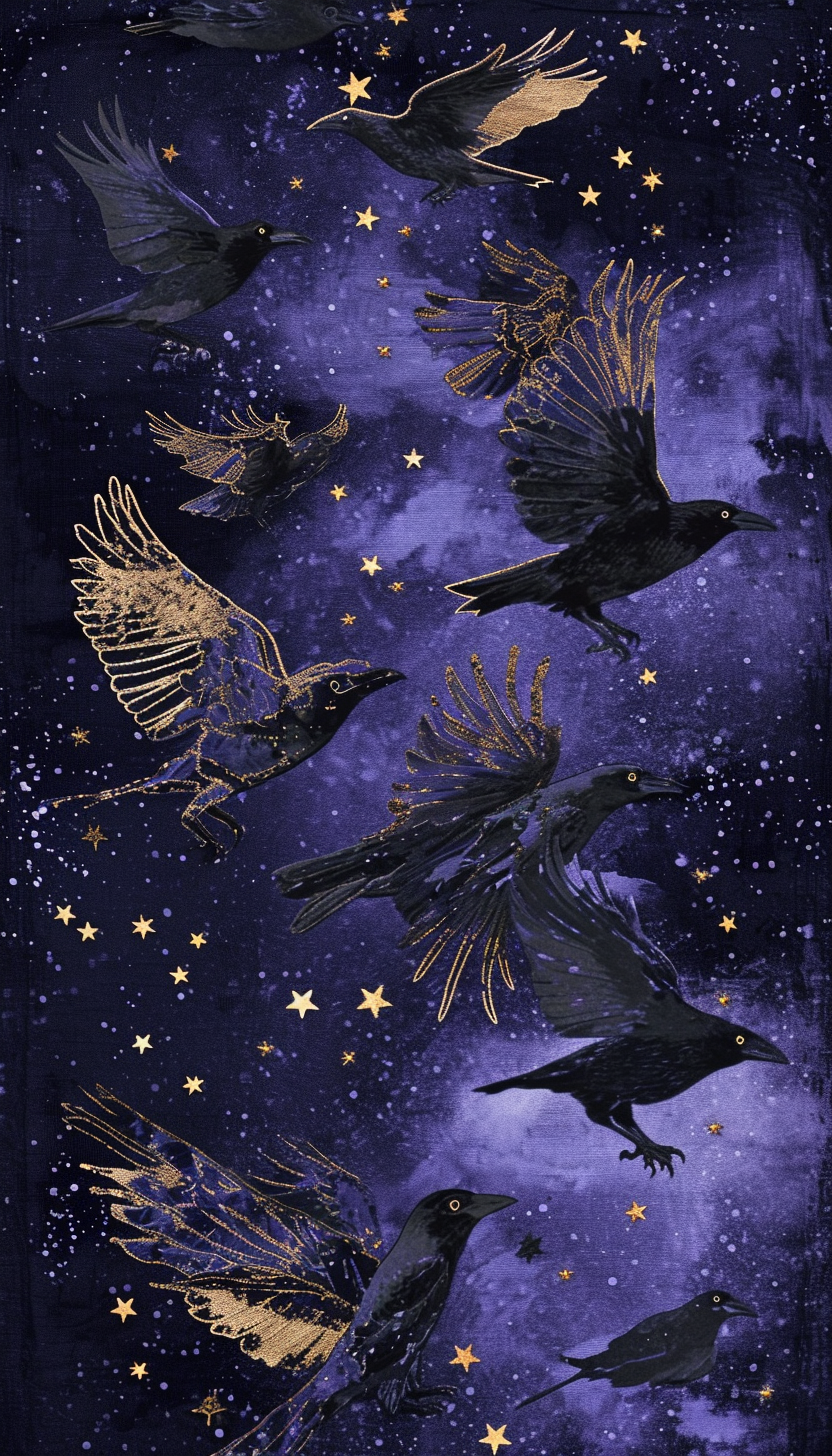 Celestial Shadows Starlit Crows 3D Embroidered Pattern