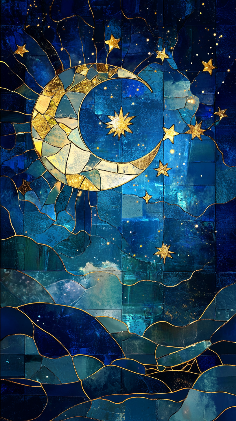 Celestial stained glass style depicts night sky beautifully.