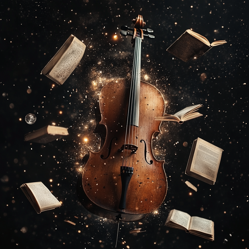 Cello and books floating in outer space with light.