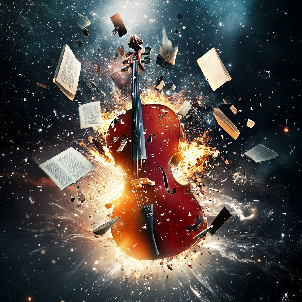 Cello explodes with books in space, minimalist vertical design.