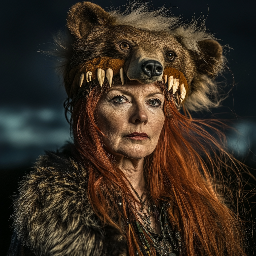 Celtic woman with red hair in bear headdress at night.