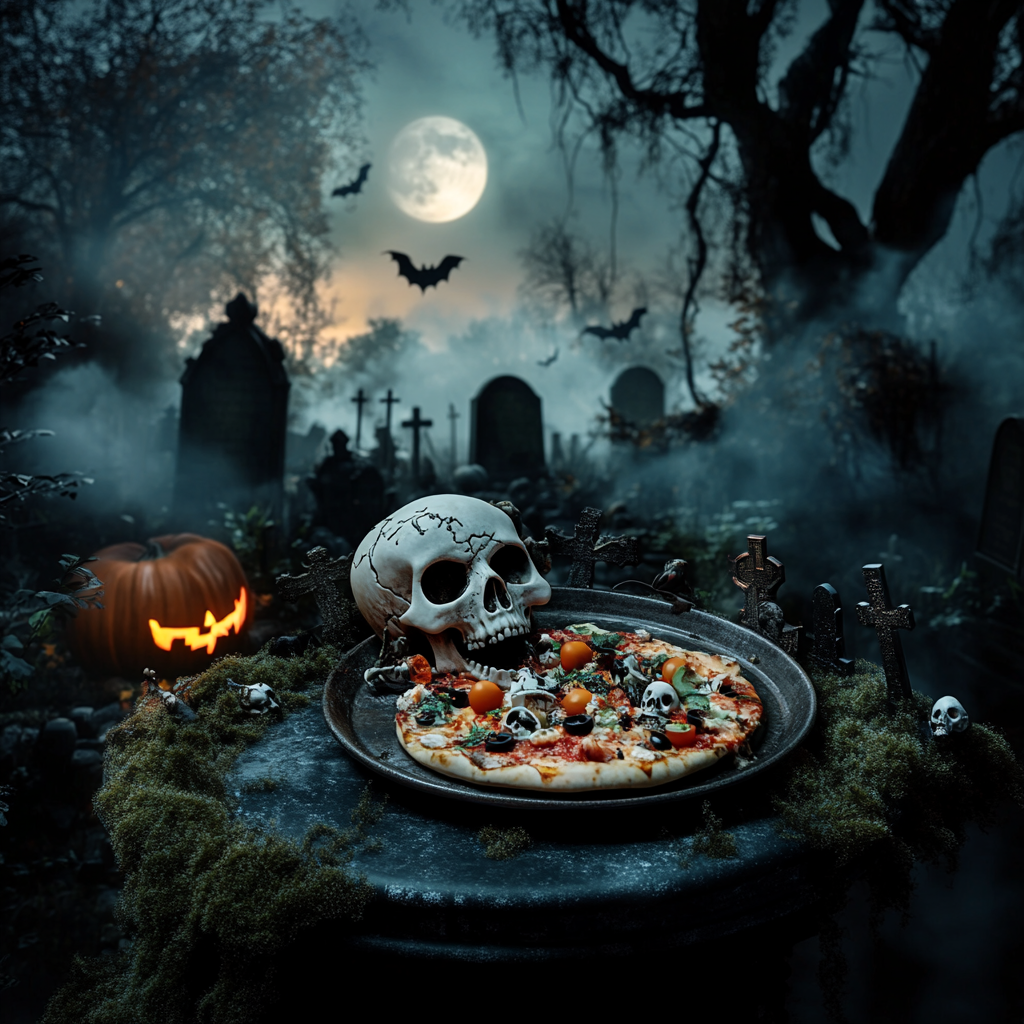 Cemetery Pizza Party: Spooky Skull and Festive Fun