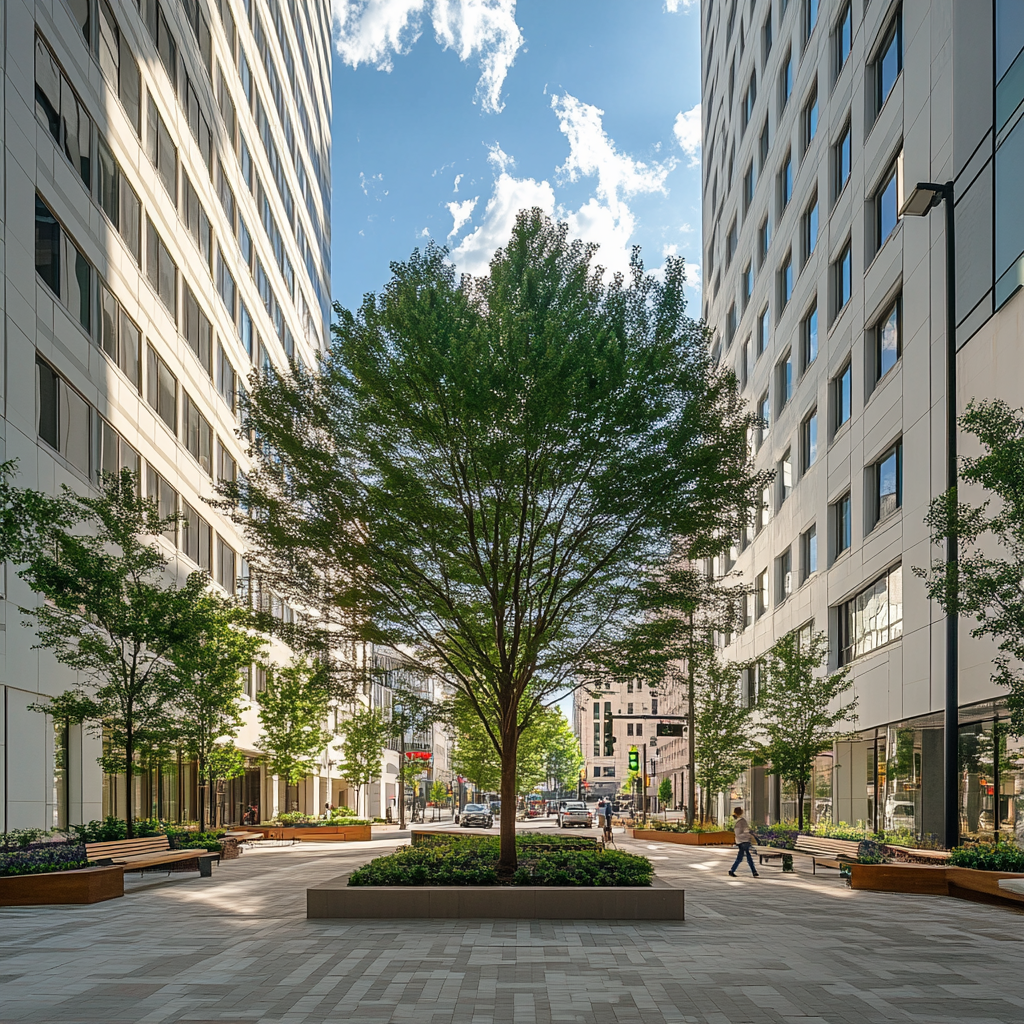 Central garden between modern buildings, sunny weather and urban life.