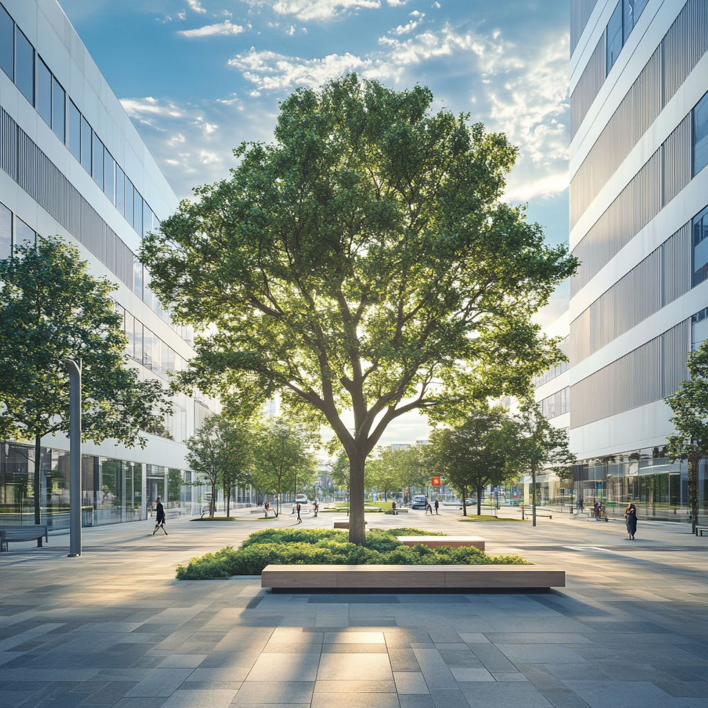 Central garden with minimalist buildings in a modern city.