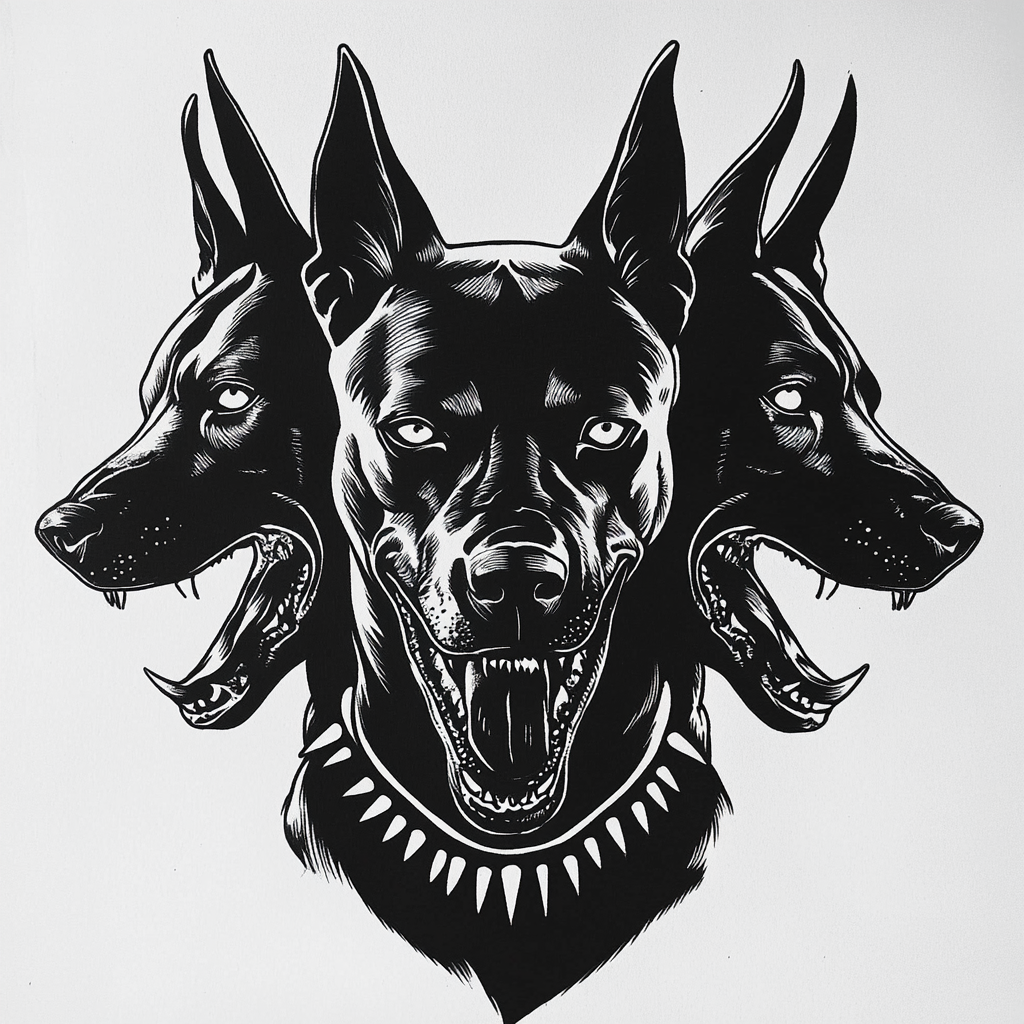 Cerberus stencil of three Doberman heads snarling