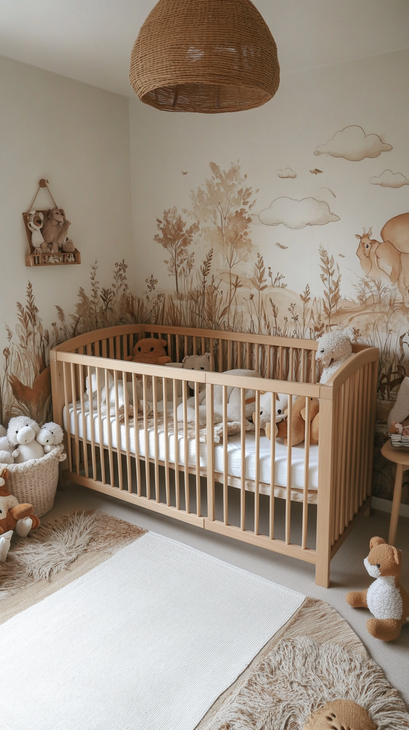 Chambre de bébé bohème avec décor naturel et animaux.