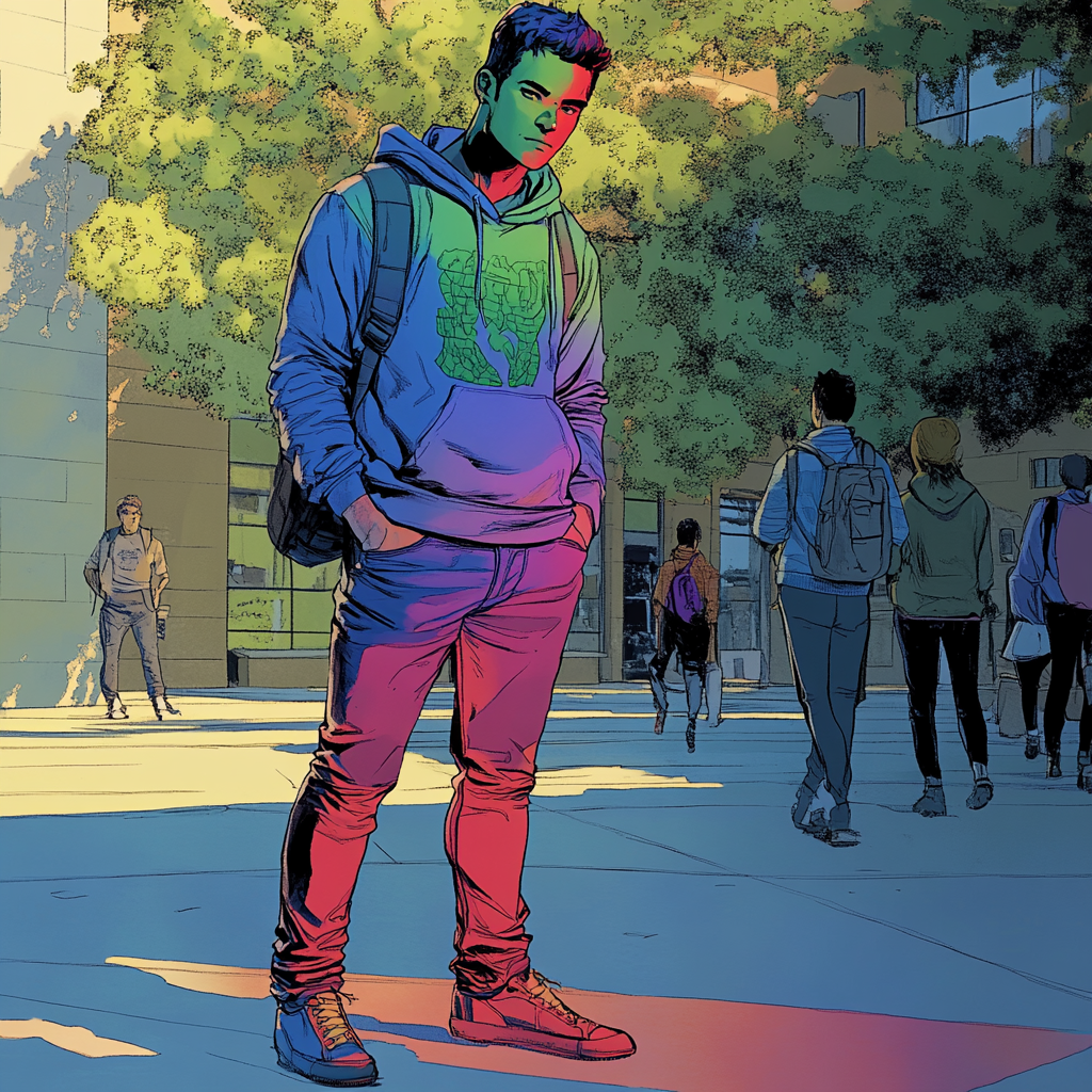 Chameleon university student superhero blends in with surroundings.