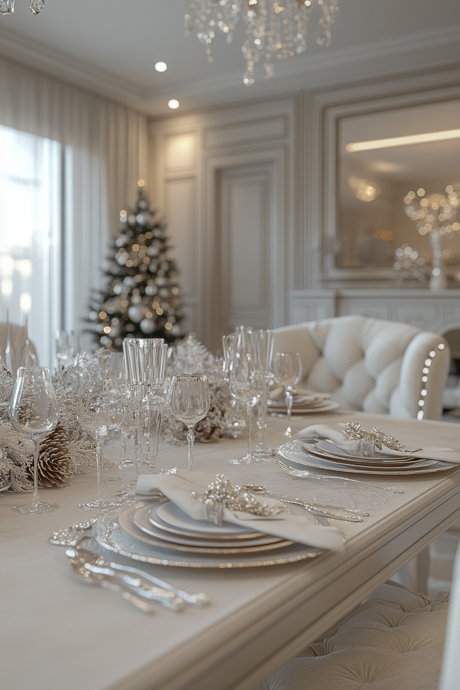 Champagne Christmas dining room set: elegant, sophisticated feast