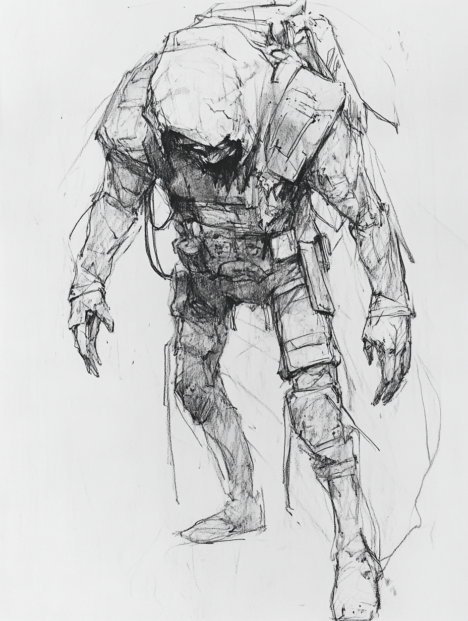 Chaotic, rough sketch of survivor in post-apocalyptic world.