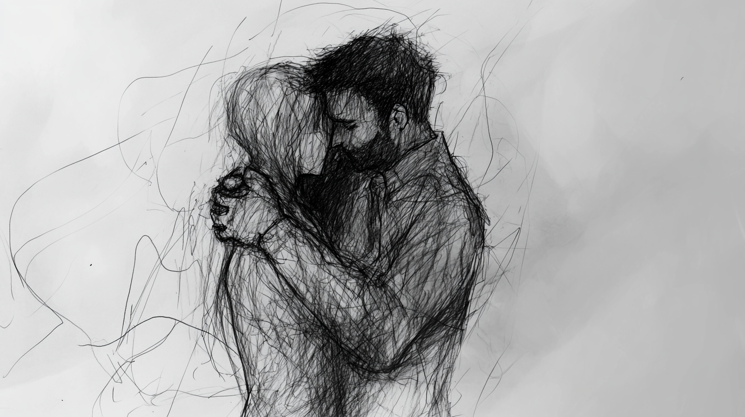 Chaotic Pencil Sketch Embracing Loved One Unease 