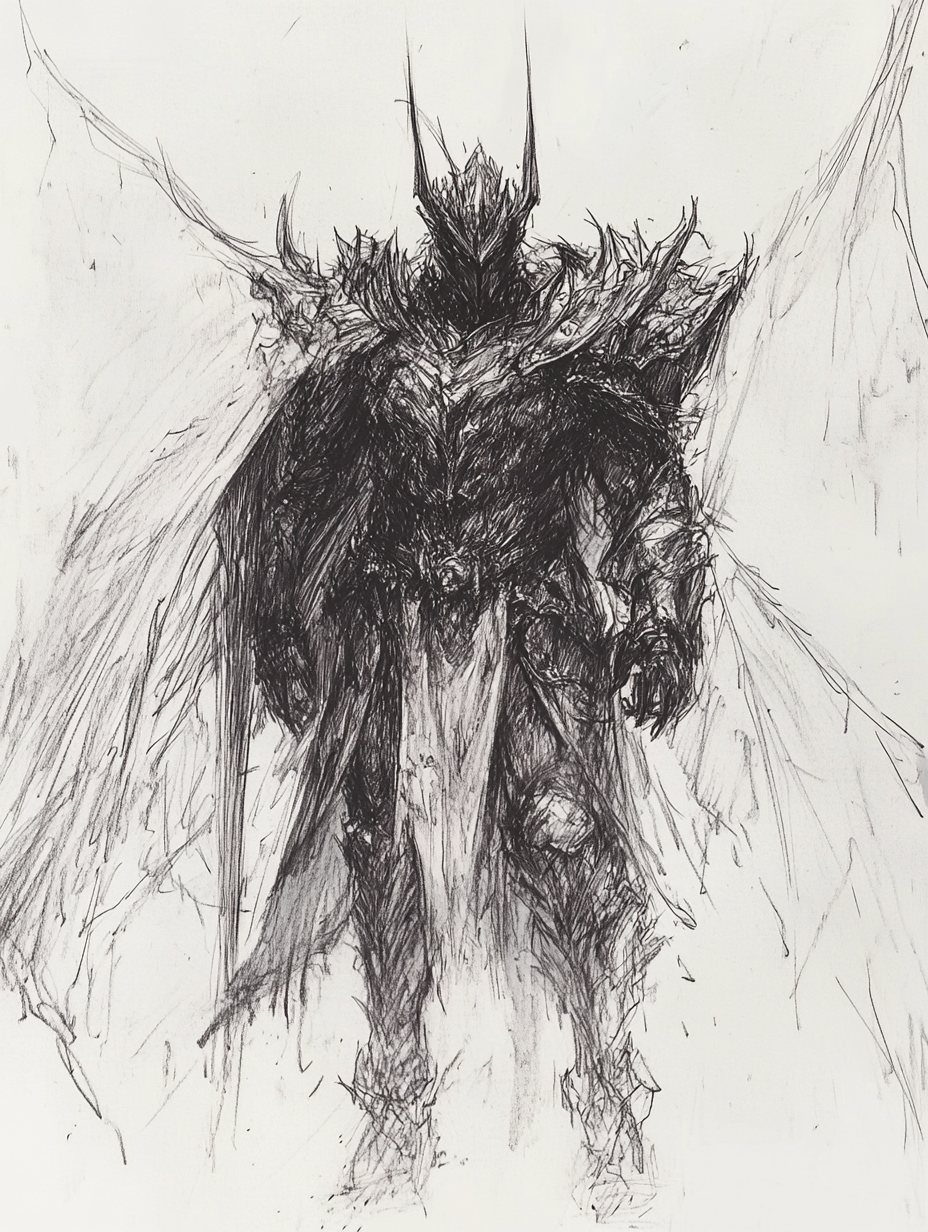 Chaotic pencil sketch of terrifying, imposing armored figure.