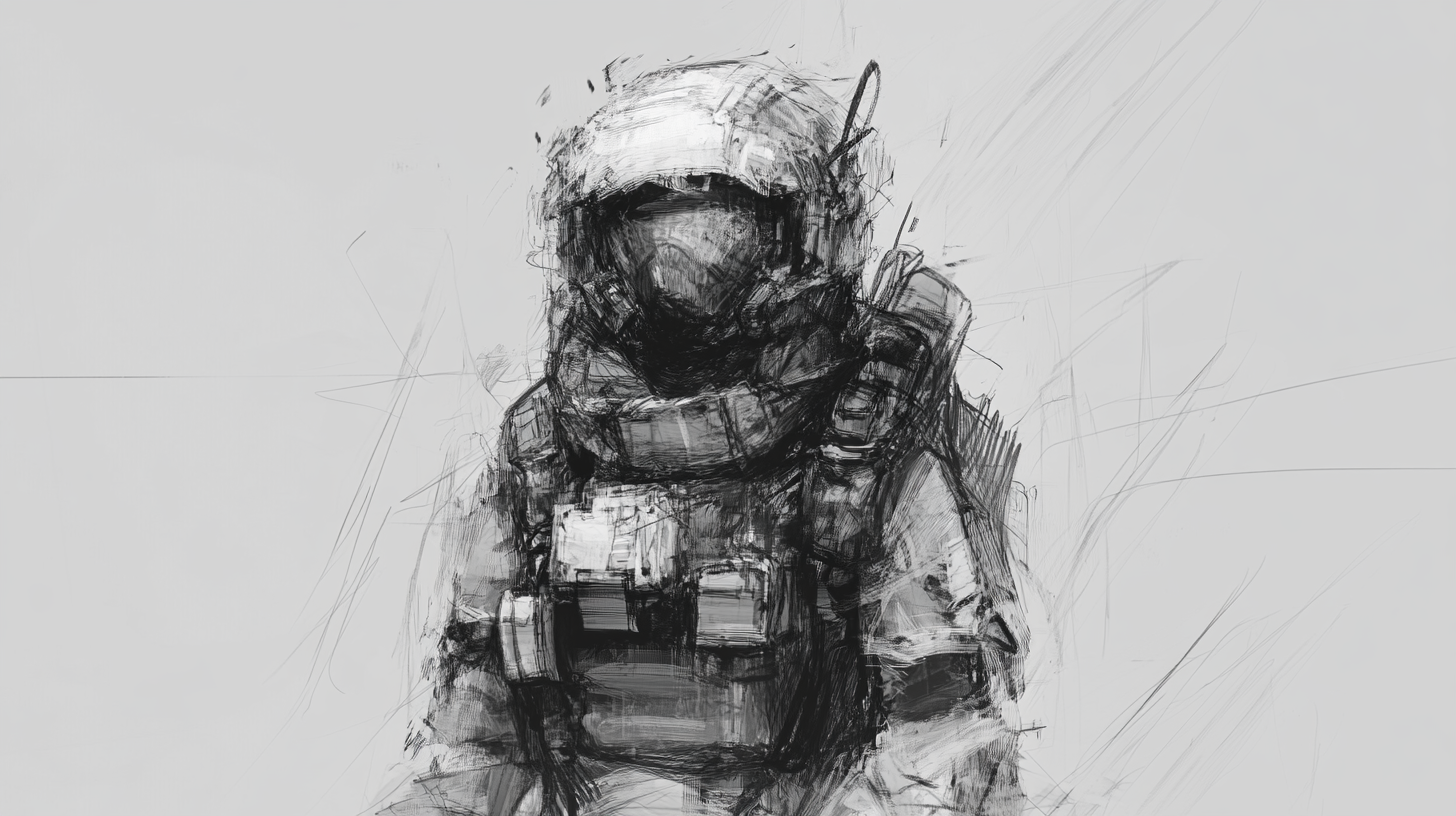 Chaotic sketch of game protagonist in eerie environment.