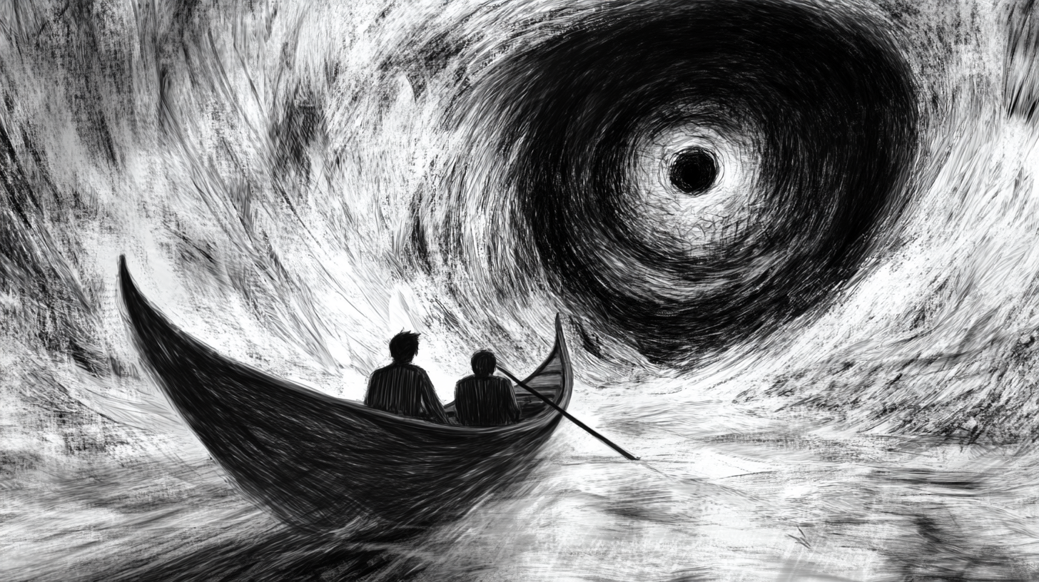 Chaotic sketch of protagonist in eerie, mysterious world, eye-like presence.